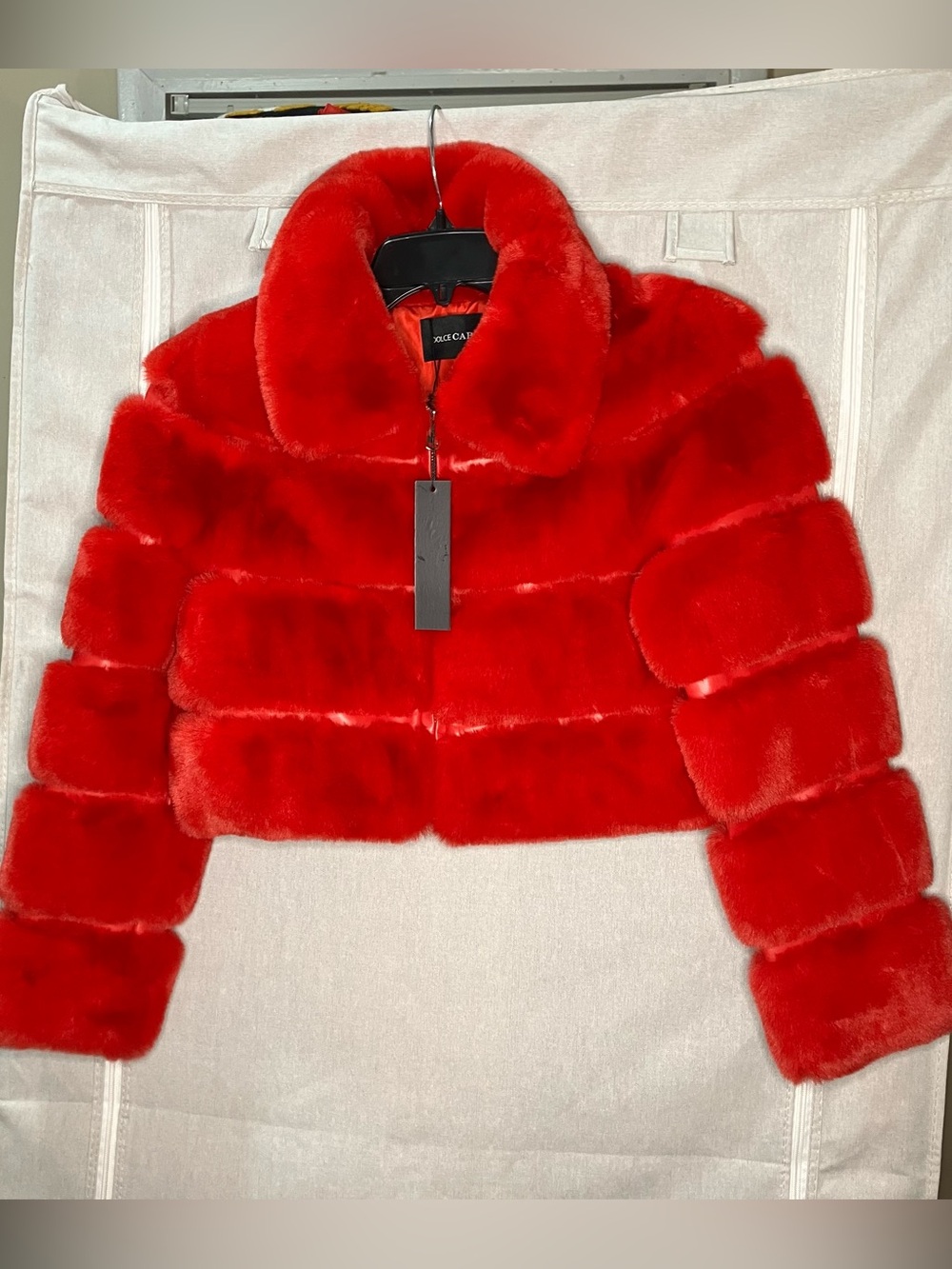 NWT Dolce Cabo Red Plush Faux-Fur Cropped Jacket